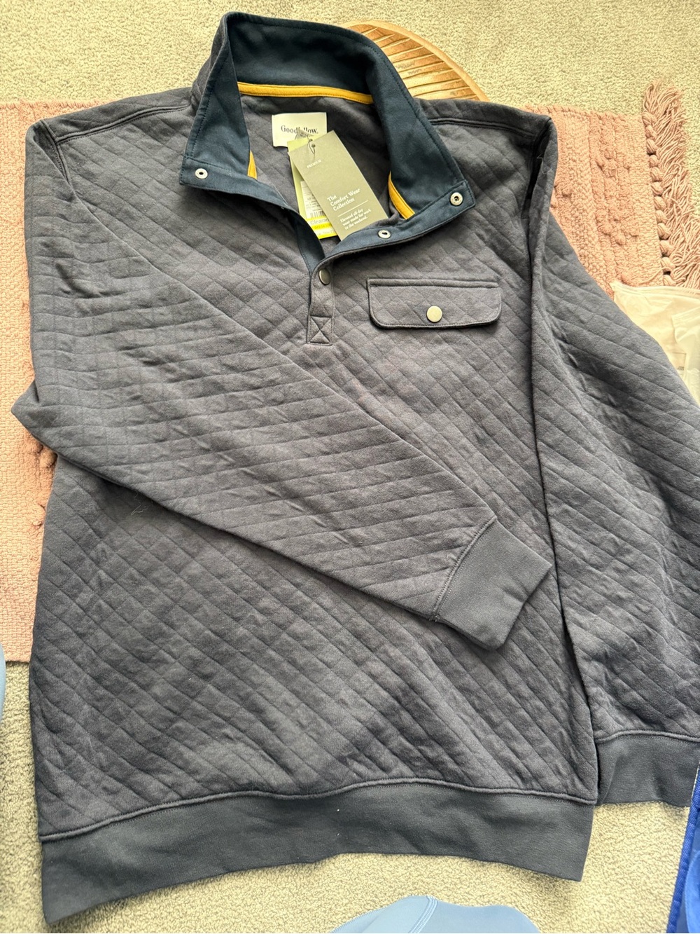 Target Goodfellow Quilted Pullover - Navy with Mustard Trim